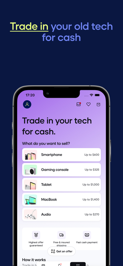 Back Market app screen for trading in smartphones, laptops, and consoles for cash.