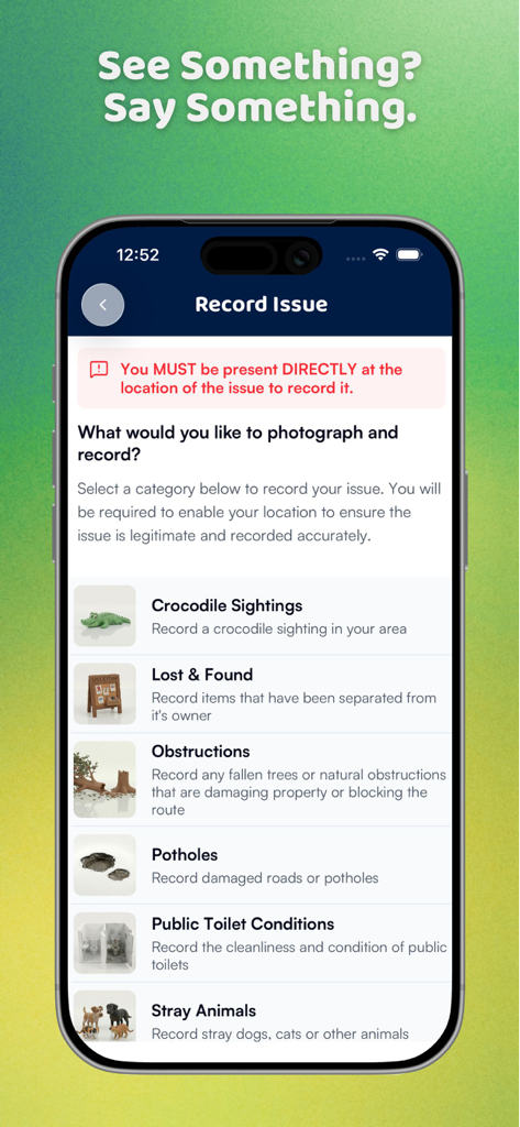 Interfaz de la aplicación Yibi que muestra opciones para informar sobre problemas locales como avistamientos de cocodrilos y baches