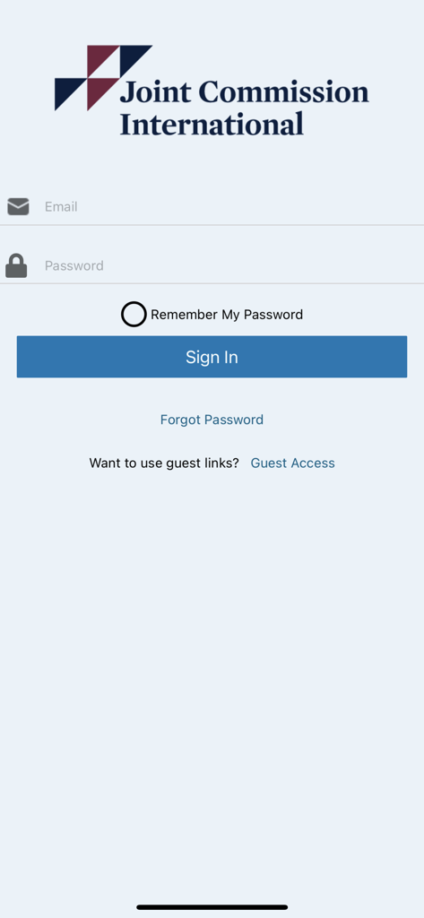 JCI AMP - Login screen of the JCI AMP mobile app for Joint Commission International healthcare accreditation subscribers.