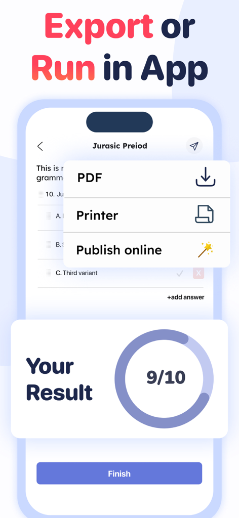 Quiz Maker : Learn With Tests - Interfaz de una aplicación de creación de cuestionarios que muestra opciones de exportación y resultados de pruebas