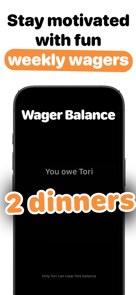 Sweatmates: Couples Fitness - A mobile screen showing the Sweatmates app wager balance where a user owes their partner two dinners for missing fitness goals.