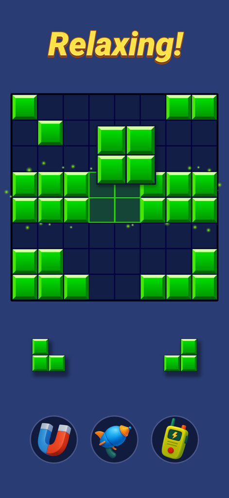 緑のブロックとパワーアップアイコンを使った、リラックスできる論理パズルゲームプレイ