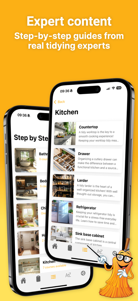 Sweepster - Sweepster app interface displaying step-by-step cleaning guides for different kitchen areas including countertops and cabinets.