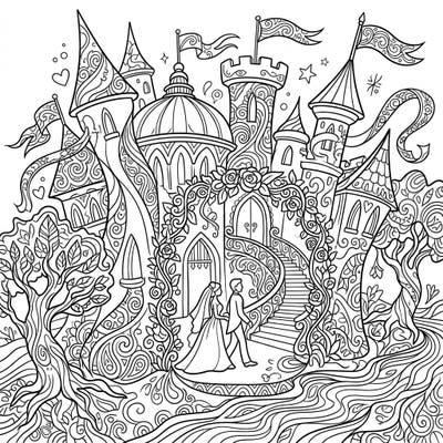 Embark on a fantastical journey with this psychedelic wedding castle coloring page. Discover a unique fusion of grand architecture and a whimsical celebration, ready for your artistic touch.