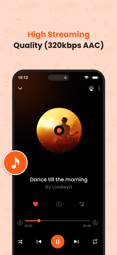 Interfaz de aplicación de reproductor de música que muestra controles de reproducción de audio de alta calidad para una canción titulada Dance till the morning