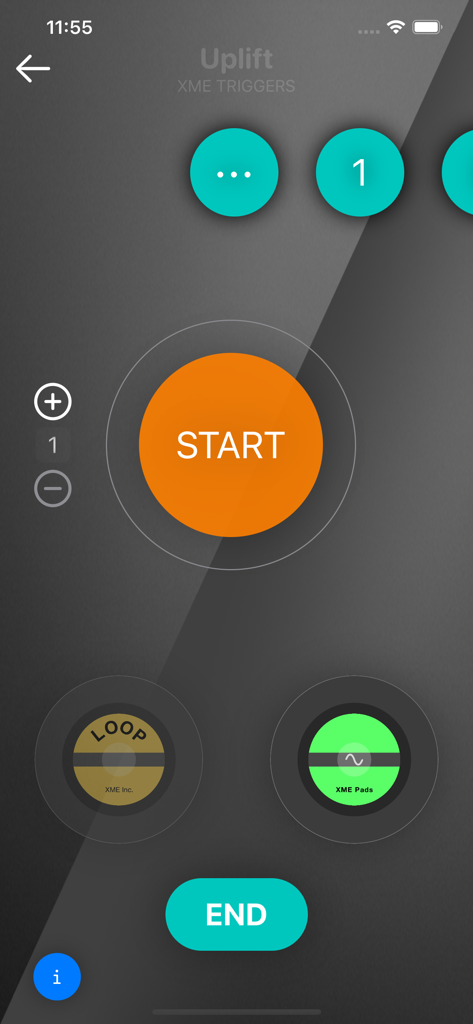 XME Triggers app interface for church musicians featuring a central start button and music loop controls