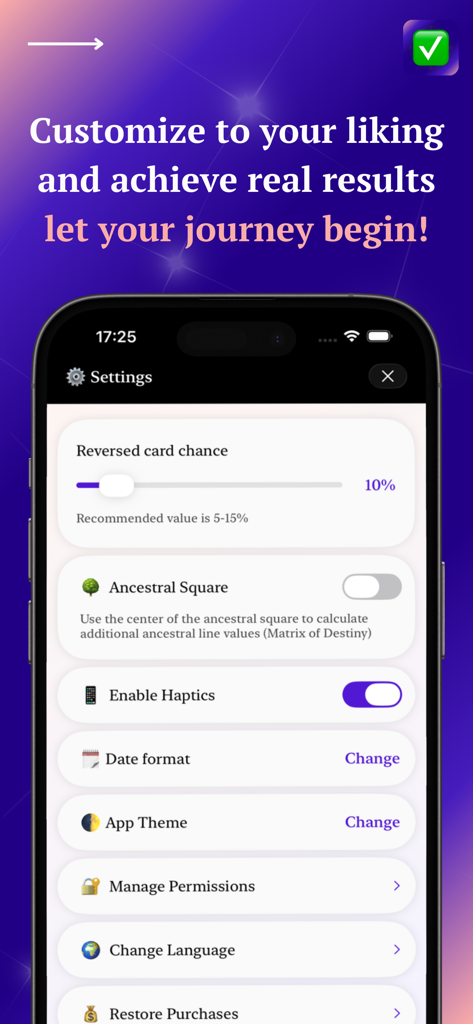 The settings screen of the 22 Energies Destiny Matrix app showing customization options for tarot card reversals and app themes