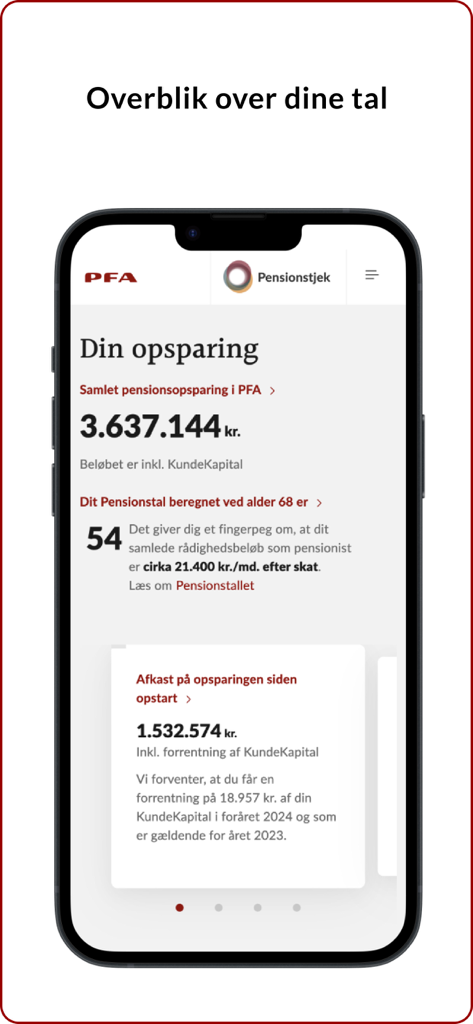 Mit PFA - A mobile screen showing the Mit PFA app dashboard with pension savings total and a financial overview.