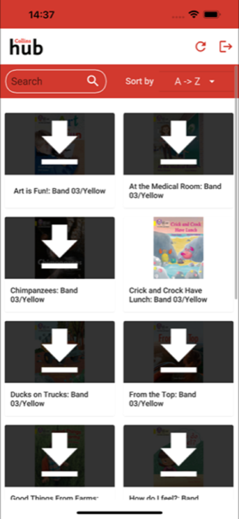 The Collins Hub - A list of assigned school books in The Collins Hub app ready for download.