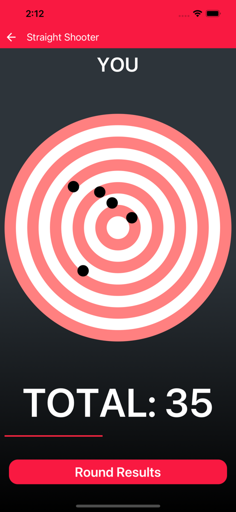 A bullseye target in the Straight Shooter app showing five recorded laser hits and a total score of 35.