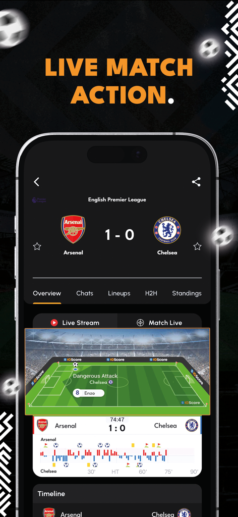 IGScore - Live Sports Score - Mobile screen showing live soccer scores and real-time match visualization for Arsenal vs Chelsea.