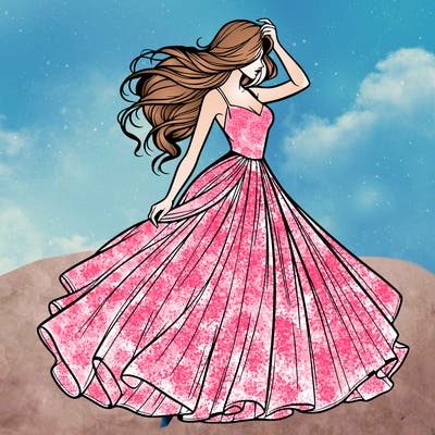 realistic woman with dress flowing in the wind