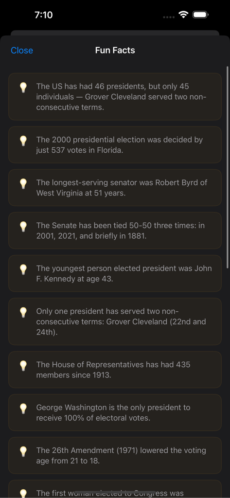 Election Explorer: 2026 Map - A list of political fun facts and civics trivia within the Election Explorer app