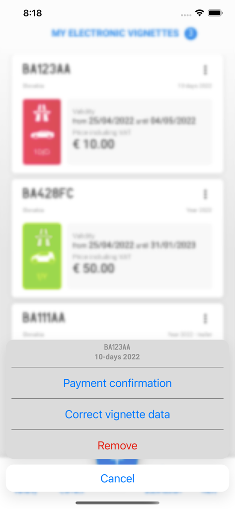 eznamka - A mobile screen from the eznamka app displaying a list of electronic vignettes with an action menu for payment confirmation and data correction