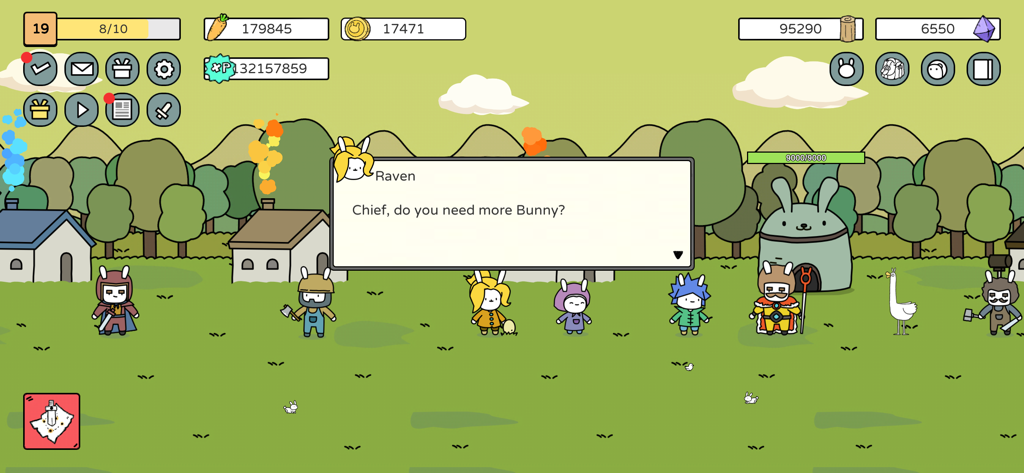 Battle Bunny:Tower Defense War - Jogabilidade de desenho animado desenhado à mão de Battle Bunny apresentando personagens em uma vila e uma caixa de diálogo