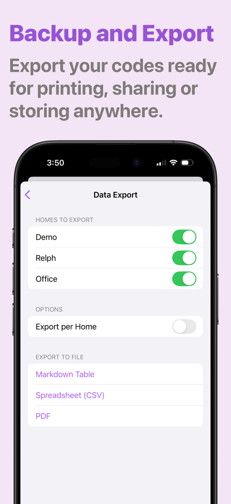 iPhone-Bildschirm mit den Datenexporteinstellungen in HomePass zum Sichern von Smart-Home-Codes als PDF- oder CSV-Dateien