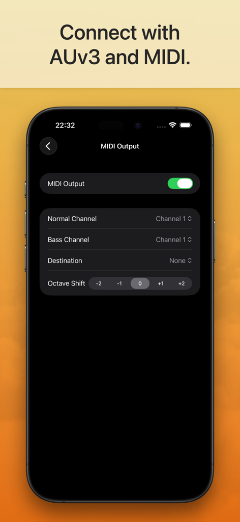 Suggester 2 : Chords & Scales - MIDI-Ausgabeeinstellungen im Suggester 2 App, die Kanal- und Oktaveinstellungen zeigen.