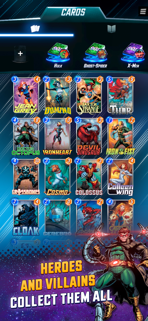 Marvel Snap card collection screen showing various hero and villain character cards