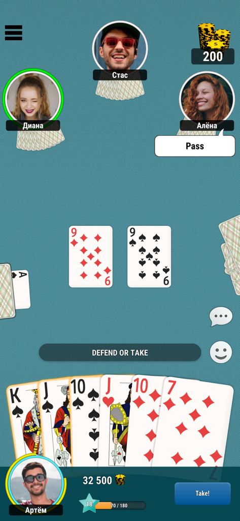 Multiplayer match screen of Durak Online card game with four player avatars and digital playing cards