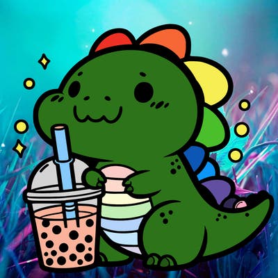 a kawaii dinosaur holding boba tea