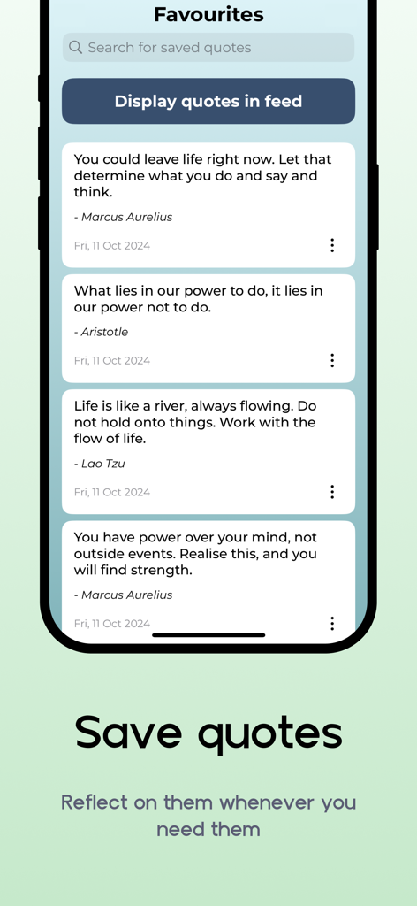 A list of saved motivational quotes from stoic philosophers in the StoicCal app