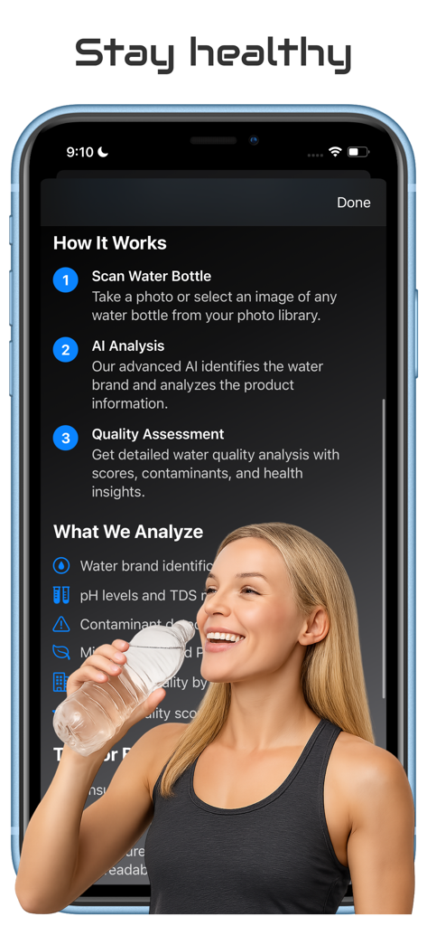 H2o Score app interface explaining how to scan a water bottle for purity and pH analysis featuring a healthy woman drinking water