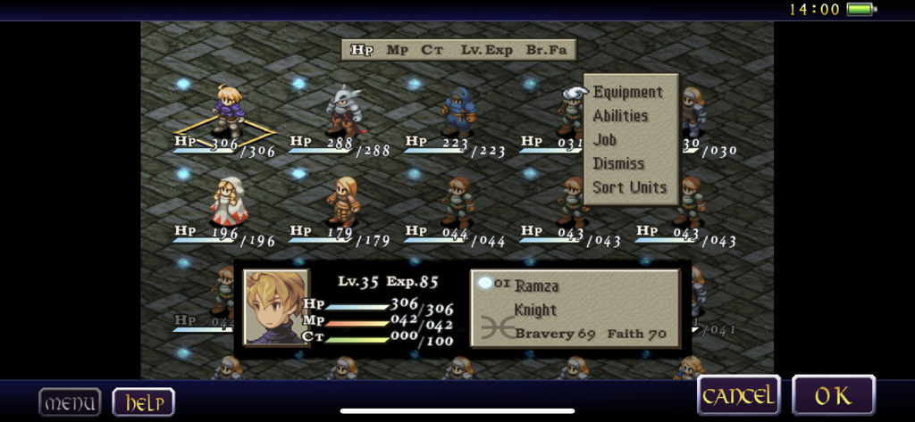 FINAL FANTASY TACTICS :WotL - Einheitsverwaltungsbildschirm in Final Fantasy Tactics War of the Lions, der die Charakterstatistiken von Ramza und taktische Menüoptionen zeigt.