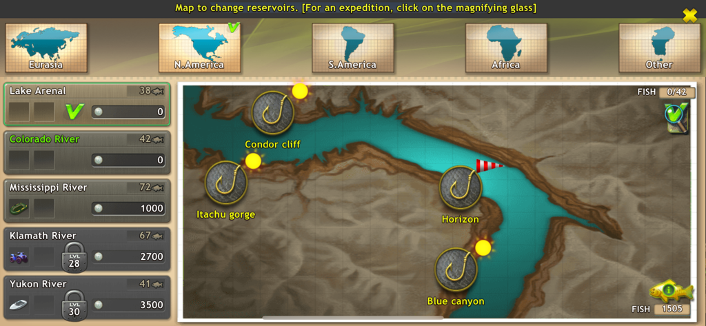 Fishing: World of Fishers - Map of North America in the World of Fishers game showing various fishing reservoirs and locations