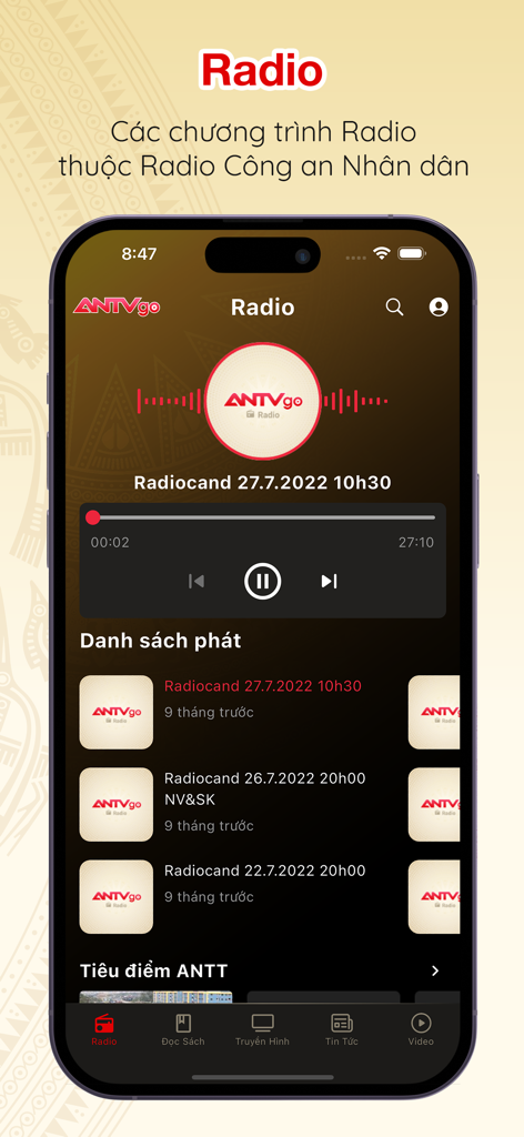 The radio interface of the ANTV Go app displaying a list of Vietnamese public security radio programs.