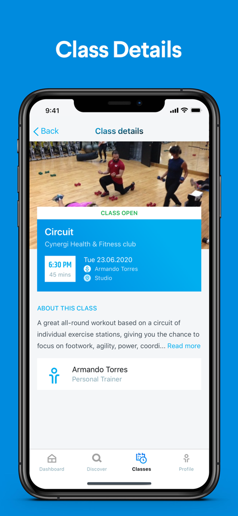 Cynergi - Cynergi mobile app interface showing detailed information for a circuit gym class