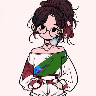 girl with a messy ponytail glasses a baggy crop top and jean shorts