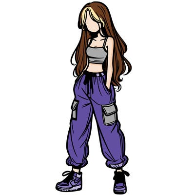 girl in baggy pants crop top and long hair