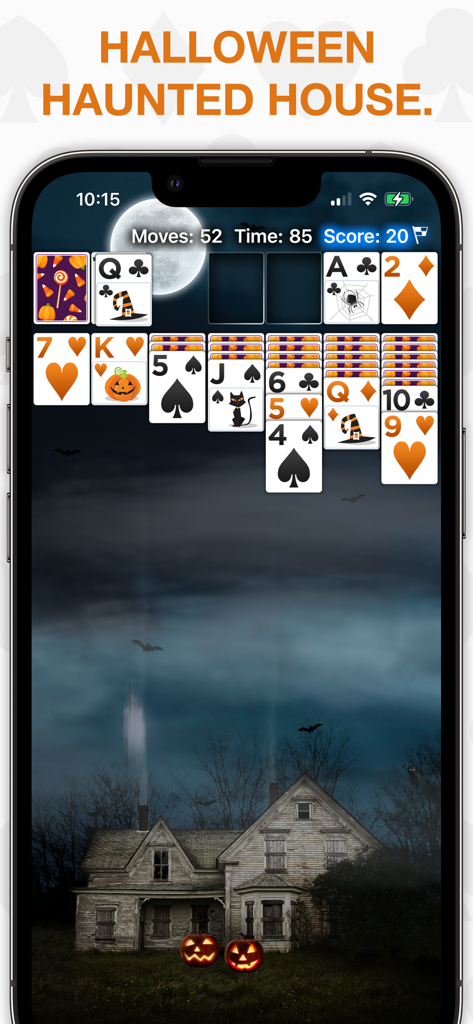 Real Solitaire Pro - Real Solitaire Pro gameplay featuring a Halloween haunted house theme with custom illustrated playing cards.