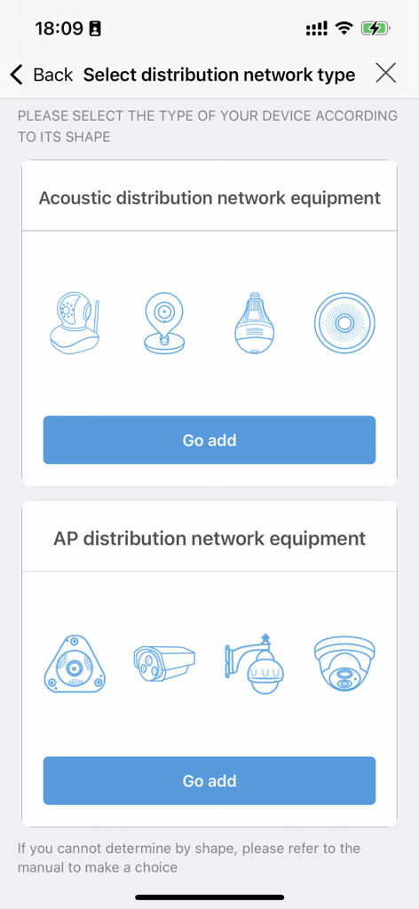 CamHipro app screen showing different camera shapes to select for network setup