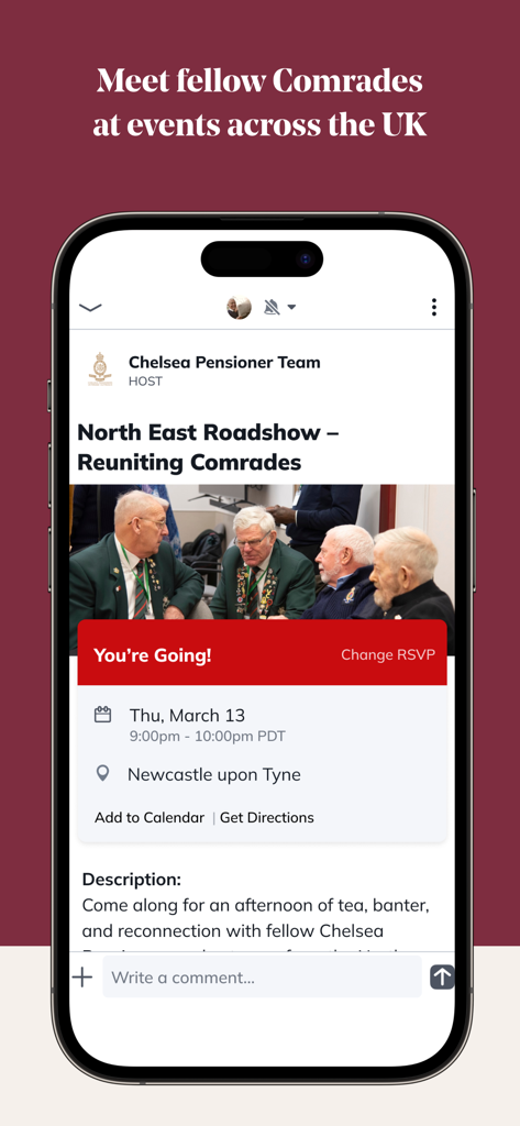 Old Comrades - A smartphone screen displaying a veteran event page on the Old Comrades app for a reunion roadshow in Newcastle upon Tyne.