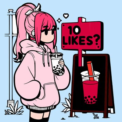 girl with oversized hoodie drinking boba and she has a high ponytail with a sign that says 10likes?