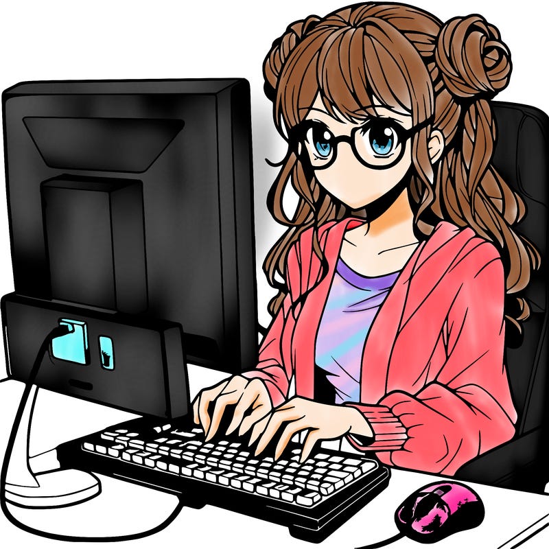 a woman typing on a computer anime style with glasses