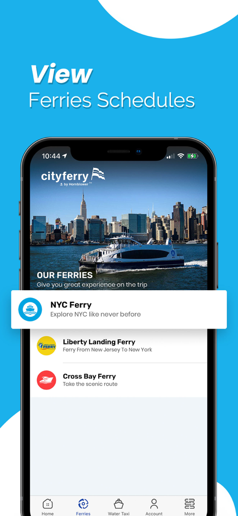City Experiences - Mobile app screen displaying NYC ferry schedules and boat routes for City Experiences by Hornblower