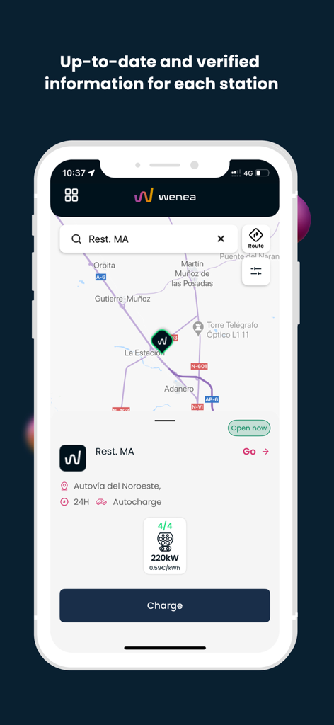 Wenea - Interfaz de la aplicación Wenea que muestra el estado de la estación de recarga de VE en tiempo real y detalles técnicos en un mapa