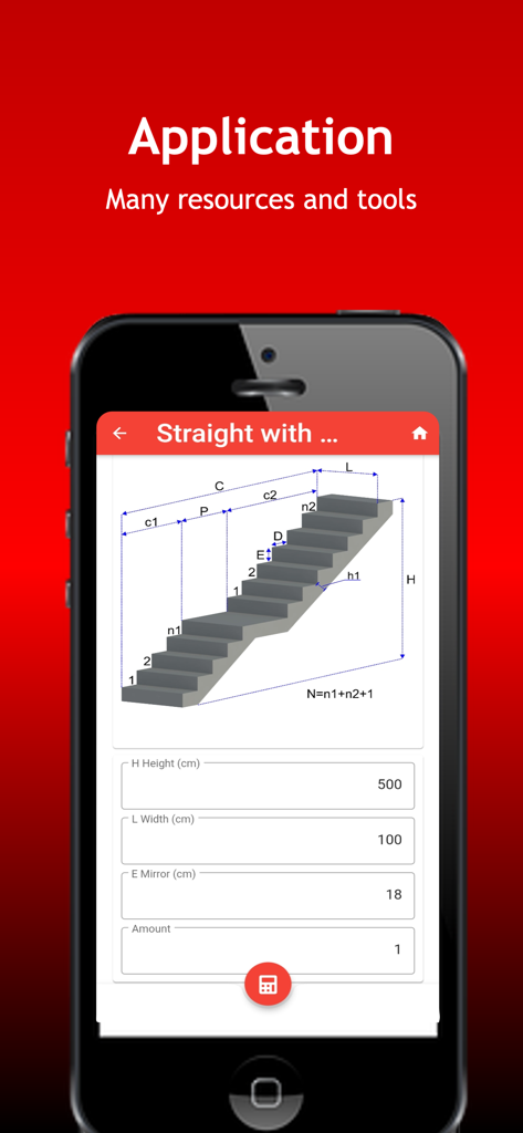 ConstruCalc Pro - Interface do aplicativo ConstruCalc Pro exibindo uma ferramenta de cálculo de escada com um diagrama 3D e campos de entrada para medições