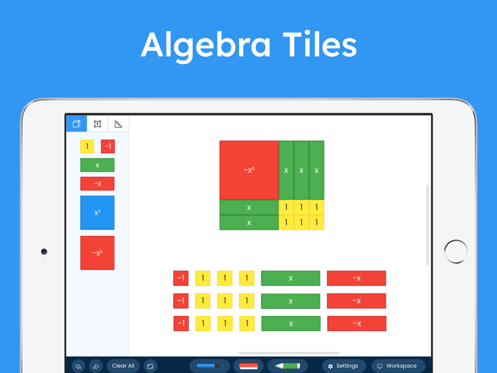 Screenshot of Brainingcamp app on an iPad displaying digital algebra tiles for visual math instruction