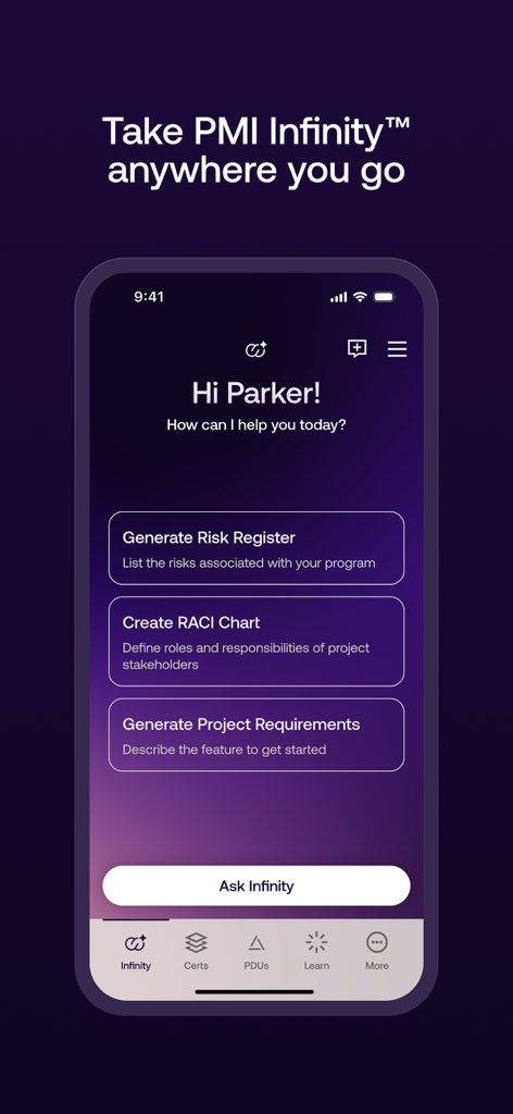 PMI Official - PMI Official app interface showing the PMI Infinity AI coach for project management tasks
