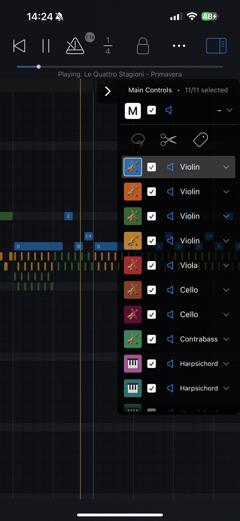 Aplicación Sequincer MIDI sequencer mostrando una lista de instrumentos orquestales en una cuadrícula de piano roll