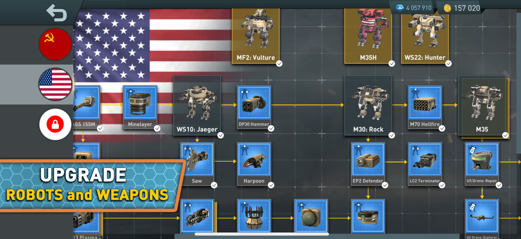 World Of Robots game screen showing a tech tree for upgrading robots and weapons over a US flag background