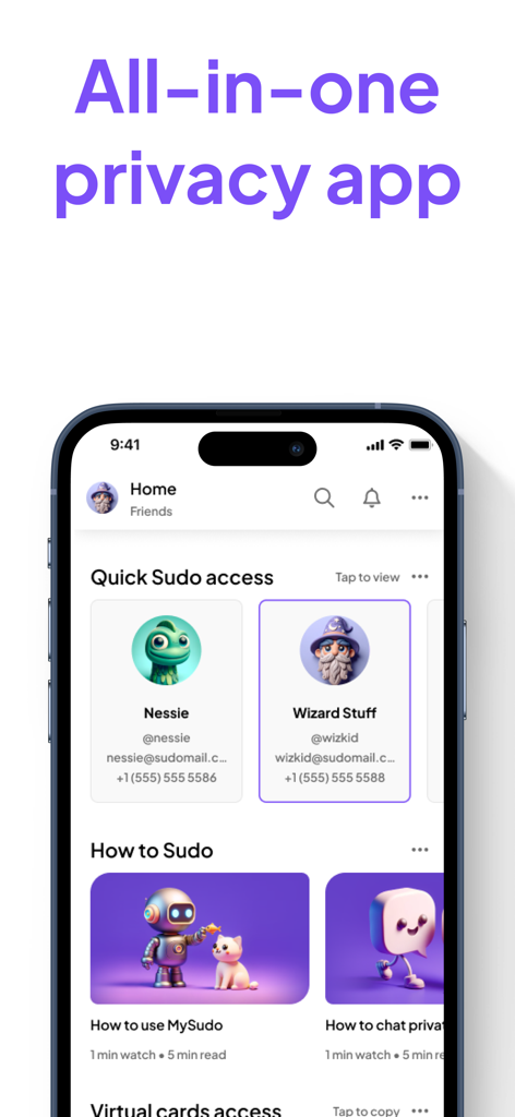 MySudo - Protect Your Identity - MySudo app interface on an iPhone showing different digital identities for privacy and security.
