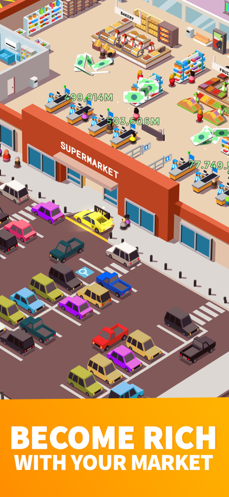 Idle Supermarket Tycoon - Shop - Una vista isométrica 3D de un supermercado y estacionamiento en Idle Supermarket Tycoon