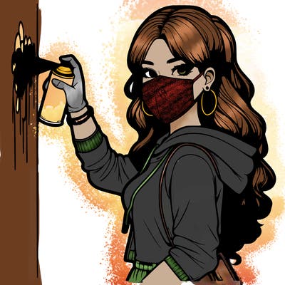 realistic girl with mask spray painting a wall