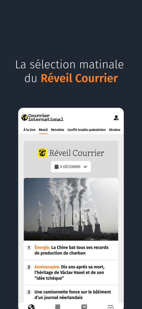 Courrier international - Smartphone screen showing the Reveil Courrier morning news digest in the Courrier International app