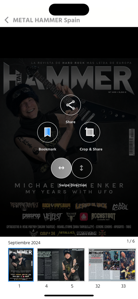 Interface of the Metal Hammer Spain digital magazine app displaying the September 2024 issue cover and navigation tools.