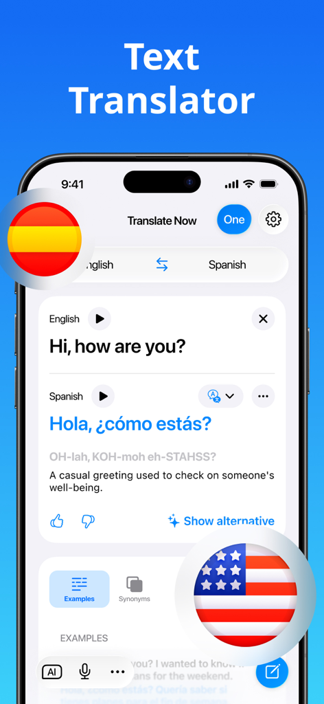 Translate Now app interface showing text translation from English to Spanish